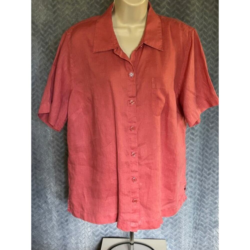 Coldwater Creek Womens Short Sleeve 100% Linen Blouse Size L Boxy Casual Coastal